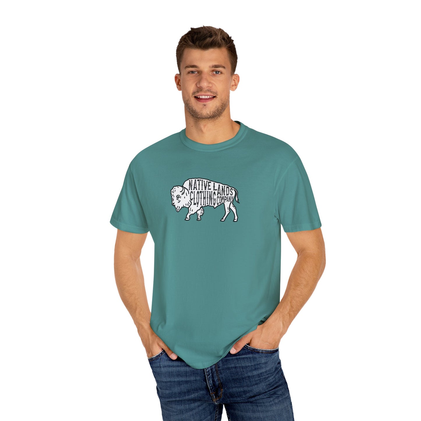 Bison Shirt Garment Dyed Cotton Native American (blues-greens)