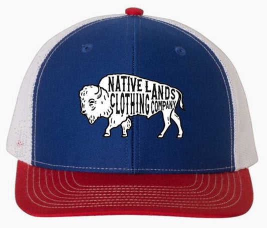 Bison Snapback Hat Red White Blue Embroidered Native American (max graphic) $ 35.00 Snapback Embroidered Baseball Cap Native Lands Clothing Company LLC