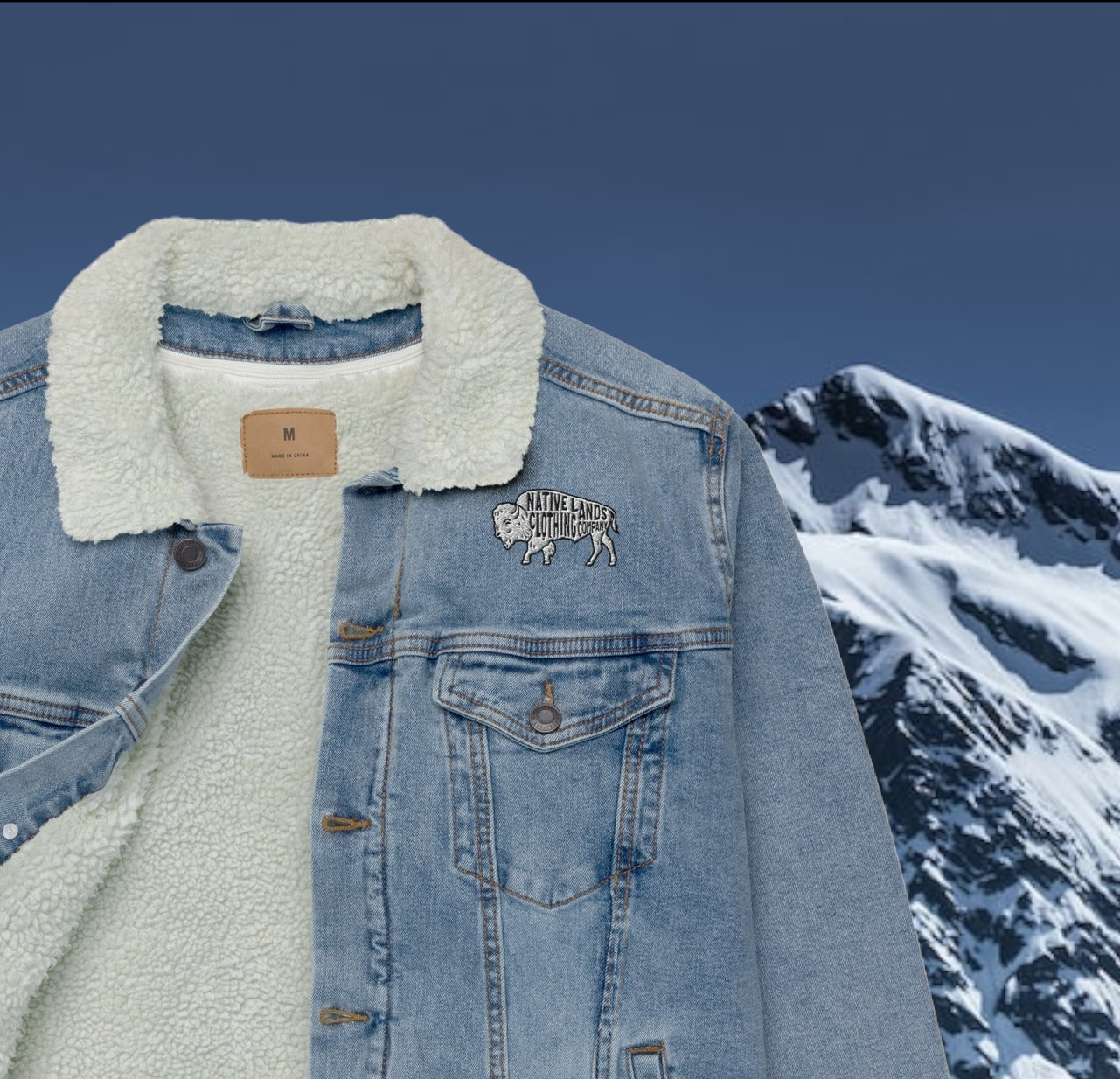 Jacket Bison Denim Sherpa Céad Náisiúin Bróidnithe, Bundúchasach Cheanada, Dúchasach, Meiriceánach Dúchasach